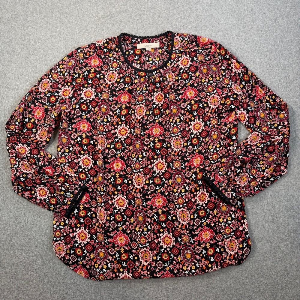 LOFT Women's Medium Black Red Pom Pom Trim Long Sleeve Blouse Top Keyhole